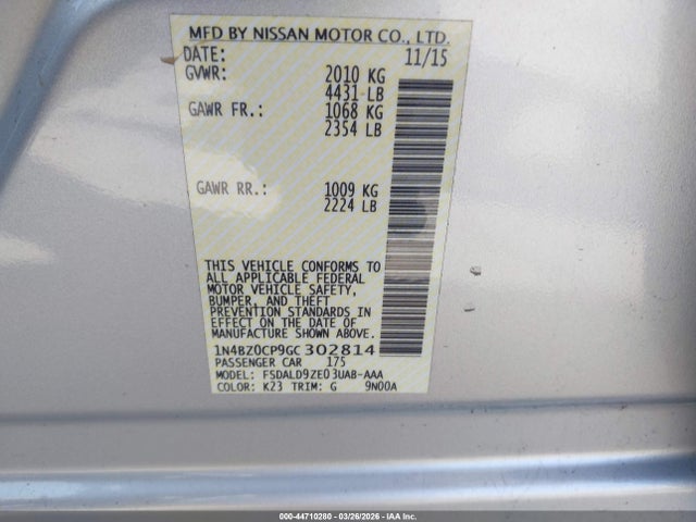1N4BZ0CP9GC302814 Nissan LEAF SV