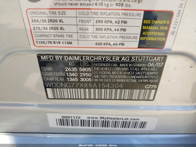 44710291 :رقم المزاد ، WDDNG77X88A154304 vin ، 2008 Mercedes-benz S 63 Amg مزاد بيع