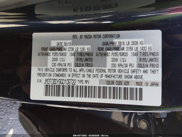 2016 Mazda Cx-9 Grand Touring მანქანა იყიდება აუქციონზე, vin: JM3TCBDY9G0109722, აუქციონის ნომერი: 44710292