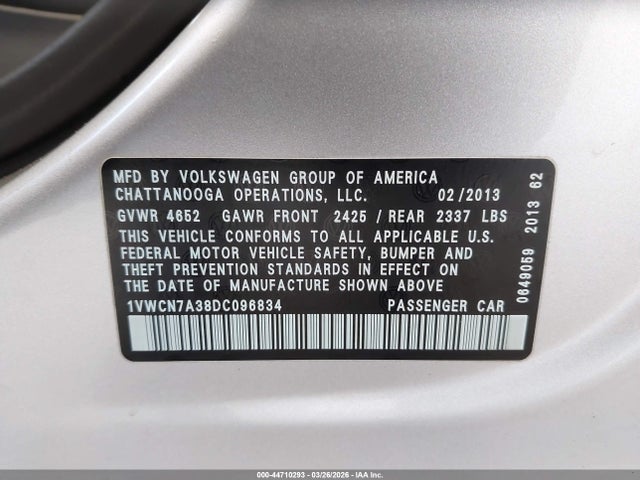 44710293 :رقم المزاد ، 1VWCN7A38DC096834 vin ، 2013 Volkswagen Passat 2.0l Tdi Sel Premium مزاد بيع