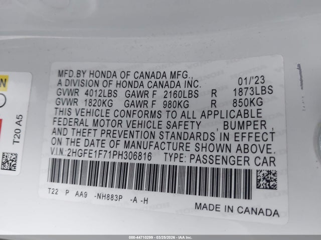 Honda Civic Ex/ex W/o Bsi 2023 2HGFE1F71PH306816 Image 9