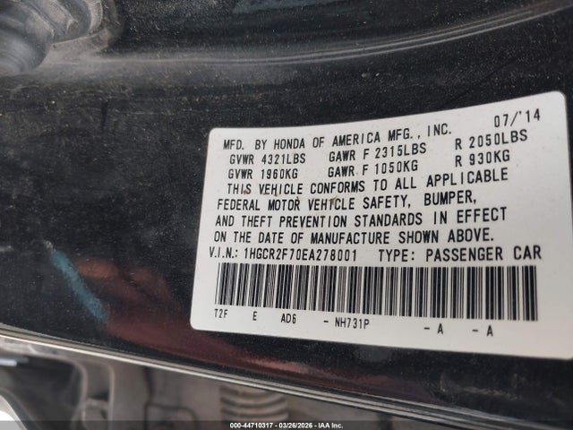 44710317 :رقم المزاد ، 1HGCR2F70EA278001 vin ، 2014 Honda Accord Ex مزاد بيع