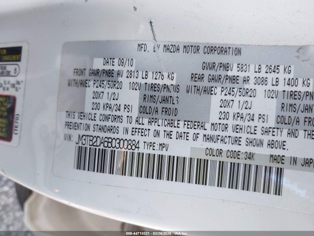 Aukcja sprzedaży 2011 Mazda Cx-9 Grand Touring, vin: JM3TB2DA6B0300884, numer aukcji: 44710321
