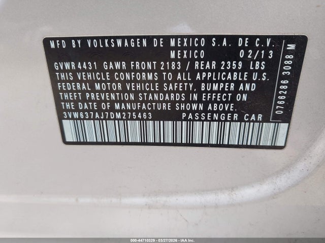 Aukcja sprzedaży 2013 Volkswagen Jetta Hybrid Sel, vin: 3VW637AJ7DM275463, numer aukcji: 44710329