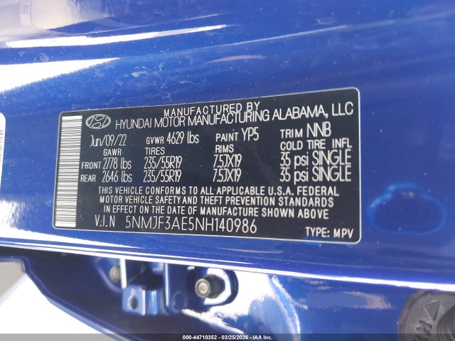 Продажа на аукционе авто 2022 Hyundai Tucson Sel, vin: 5NMJF3AE5NH140986, номер лота: 44710352