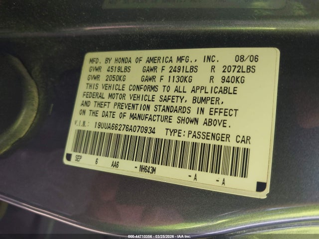 Продажа на аукционе авто 2006 Acura Tl, vin: 19UUA66276A070934, номер лота: 44710356