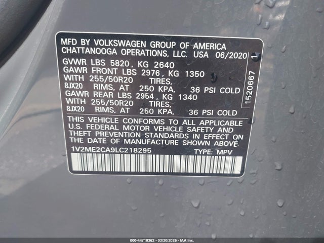 44710362 :رقم المزاد ، 1V2ME2CA9LC218295 vin ، 2020 Volkswagen Atlas Cross Sport 3.6l V6 Sel مزاد بيع