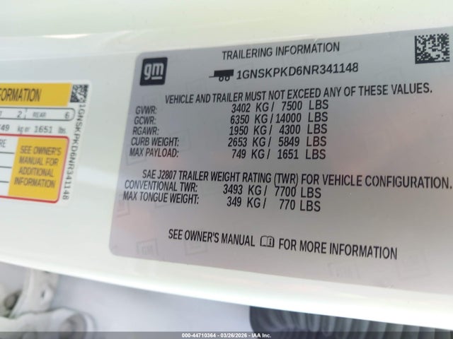 1GNSKPKD6NR341148 Chevrolet Tahoe 4wd Z71