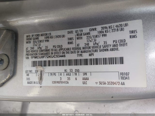 2019 Ford Escape S მანქანა იყიდება აუქციონზე, vin: 1FMCU0F72KUC53446, აუქციონის ნომერი: 44710371