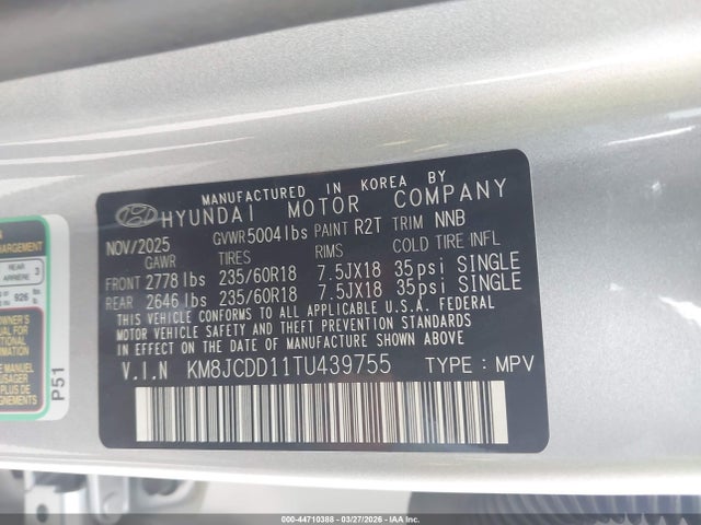 2026 Hyundai Tucson Hybrid Sel Convenience მანქანა იყიდება აუქციონზე, vin: KM8JCDD11TU439755, აუქციონის ნომერი: 44710388