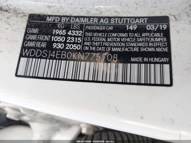 Продаж на аукціоні авто 2019 Mercedes-benz Cla 250, vin: WDDSJ4EB0KN775708, номер лоту: 44710396