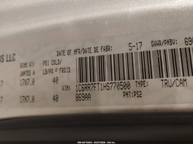 44710403 :رقم المزاد ، 1C6RR7FT1HS770500 vin ، 2017 Ram 1500 St مزاد بيع