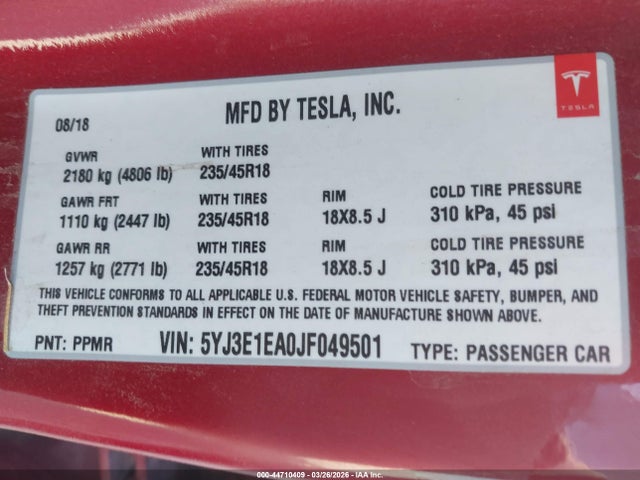 Aukcja sprzedaży 2018 Tesla Model 3, vin: 5YJ3E1EA0JF049501, numer aukcji: 44710409