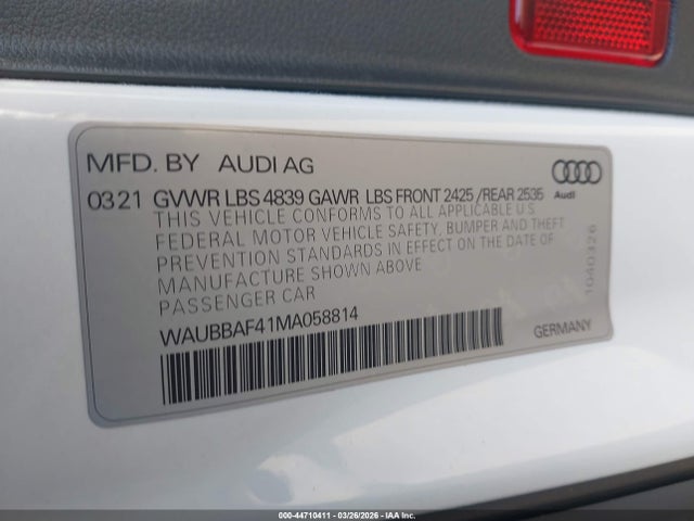 44710411 :رقم المزاد ، WAUBBAF41MA058814 vin ، 2021 Audi A4 Premium Plus 40 Tfsi Quattro S Tronic مزاد بيع
