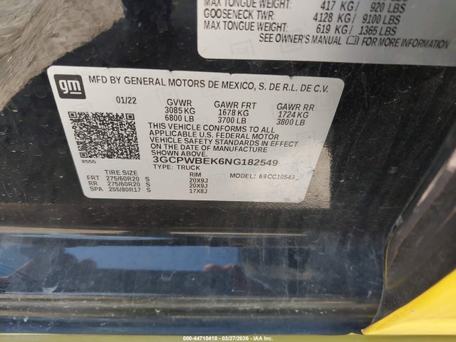 3GCPWBEK6NG182549 Chevrolet Silverado 1500 Ltd 2wd Short Bed Custom
