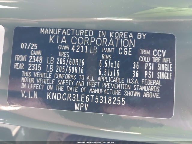 Aukcja sprzedaży 2026 Kia Niro Ex, vin: KNDCR3LE6T5318255, numer aukcji: 44710450