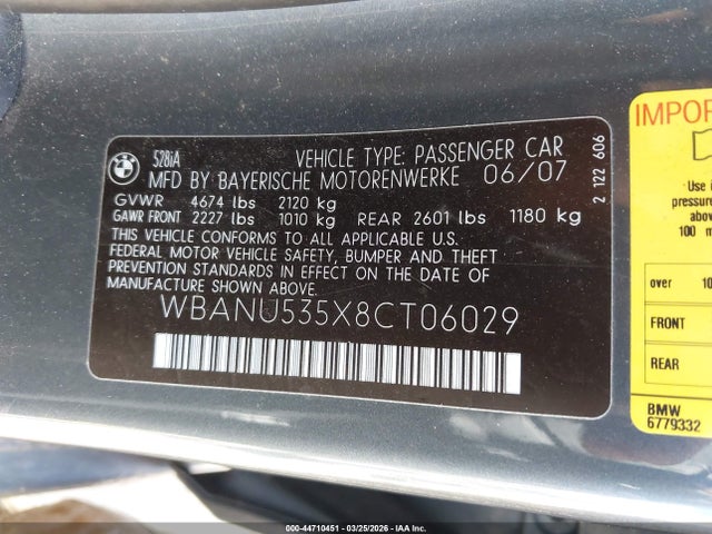 2008 Bmw 528i მანქანა იყიდება აუქციონზე, vin: WBANU535X8CT06029, აუქციონის ნომერი: 44710451