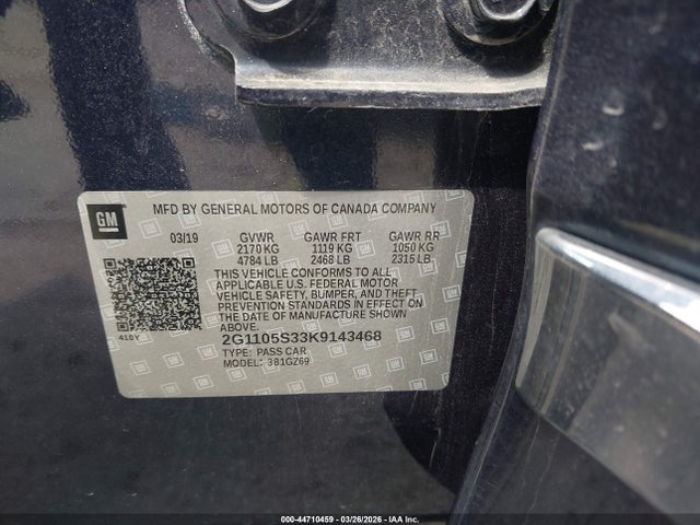 Aukcja sprzedaży 2019 Chevrolet Impala Premier, vin: 2G1105S33K9143468, numer aukcji: 44710459