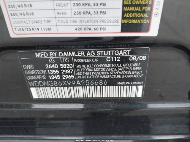 44710460 :رقم المزاد ، WDDNG86X99A256686 vin ، 2009 Mercedes-benz S 550 4matic مزاد بيع