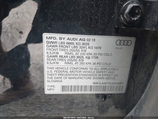 Продаж на аукціоні авто 2018 Audi Q7 3.0t Premium, vin: WA1LAAF78JD032977, номер лоту: 44710475