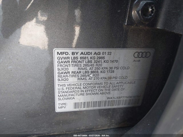 Продажа на аукционе авто 2022 Audi Q7 Premium Plus 55 Tfsi Quattro Tiptronic, vin: WA1LXBF77ND010754, номер лота: 44710484