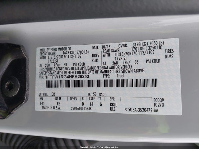Aukcja sprzedaży 2017 Ford F-150 Raptor, vin: 1FTFW1RG4HFA26253, numer aukcji: 44710496