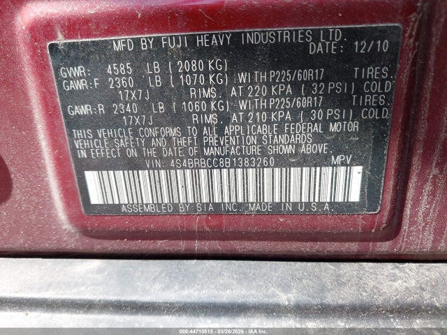 Aukcja sprzedaży 2011 Subaru Outback 2.5i Prem Awp, vin: 4S4BRBCC8B1383260, numer aukcji: 44710515