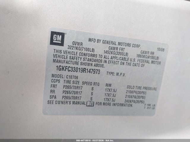 44710518 :رقم المزاد ، 1GKFC33019R147973 vin ، 2009 Gmc Yukon Slt2 مزاد بيع