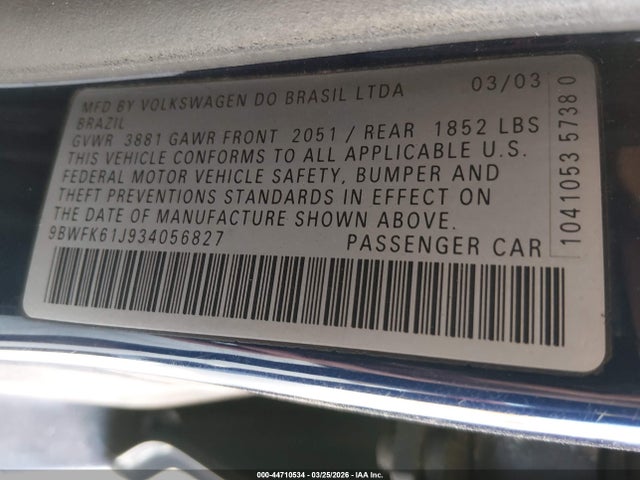 Продажа на аукционе авто 2003 Volkswagen Golf Gl 2.0l, vin: 9BWFK61J934056827, номер лота: 44710534