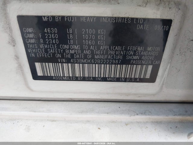 Aukcja sprzedaży 2011 Subaru Legacy 3.6r Limited, vin: 4S3BMDK62B2222987, numer aukcji: 44710541