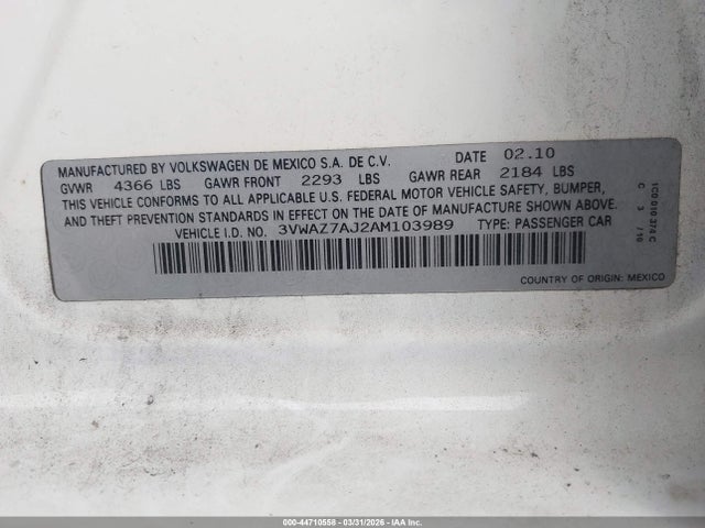 44710558 :رقم المزاد ، 3VWAZ7AJ2AM103989 vin ، 2010 Volkswagen Jetta Limited Edition مزاد بيع