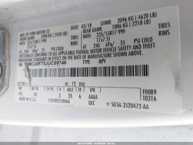 Aukcja sprzedaży 2018 Ford Escape S, vin: 1FMCU0F75JUC09746, numer aukcji: 44710566