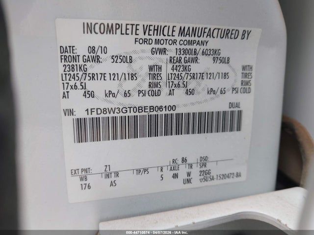 Продажа на аукционе авто 2011 Ford F-350 Chassis Xl, vin: 1FD8W3GT0BEB06100, номер лота: 44710574