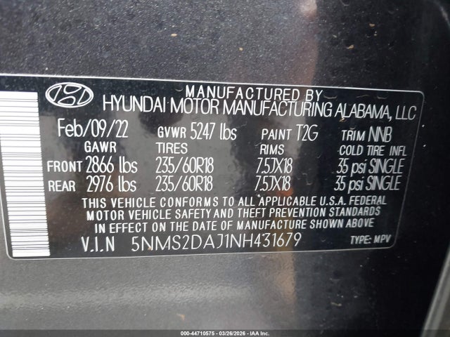 Продажа на аукционе авто 2022 Hyundai Santa Fe Sel, vin: 5NMS2DAJ1NH431679, номер лота: 44710575