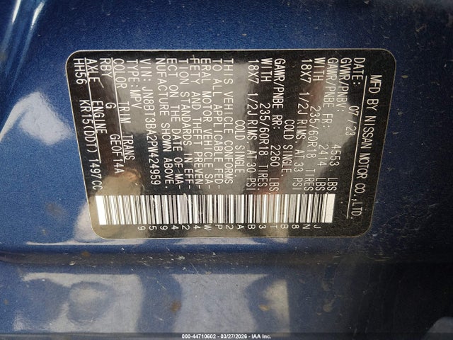 44710602 :رقم المزاد ، JN8BT3BA2PW424959 vin ، 2023 Nissan Rogue Sv Fwd مزاد بيع
