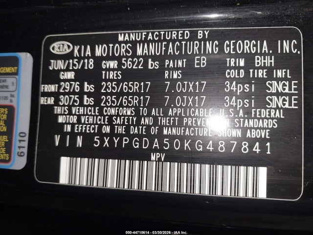Продажа на аукционе авто 2019 Kia Sorento 3.3l Lx, vin: 5XYPGDA50KG487841, номер лота: 44710614