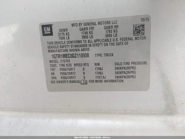 44710620 :رقم المزاد ، 1GTR1MEC0GZ110938 vin ، 2016 Gmc Sierra 1500 Sle مزاد بيع