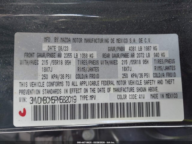 44710625 :رقم المزاد ، 3MVDMBCM5PM582019 vin ، 2023 Mazda Cx-30 2.5 S Preferred مزاد بيع