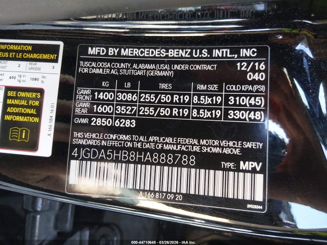 2017 Mercedes-benz Gle 350 4matic მანქანა იყიდება აუქციონზე, vin: 4JGDA5HB8HA888788, აუქციონის ნომერი: 44710648