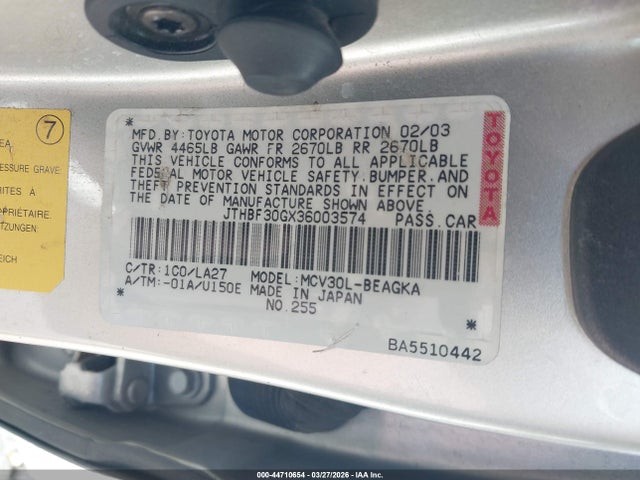 44710654 :رقم المزاد ، JTHBF30GX36003574 vin ، 2003 Lexus Es 300 مزاد بيع