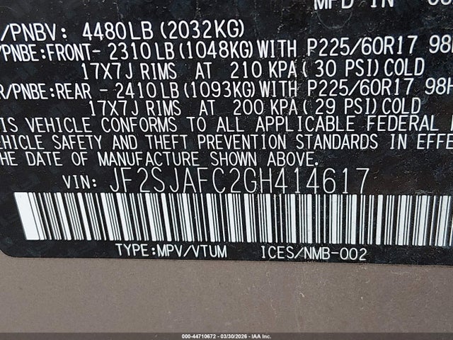 44710672 :رقم المزاد ، JF2SJAFC2GH414617 vin ، 2016 Subaru Forester 2.5i Premium مزاد بيع