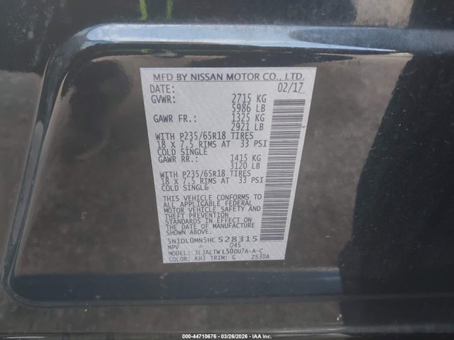 44710676 :رقم المزاد ، 5N1DL0MN5HC528315 vin ، 2017 Infiniti Qx60 مزاد بيع