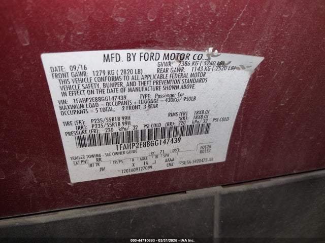 44710693 :رقم المزاد ، 1FAHP2E88GG147439 vin ، 2016 Ford Taurus Sel مزاد بيع