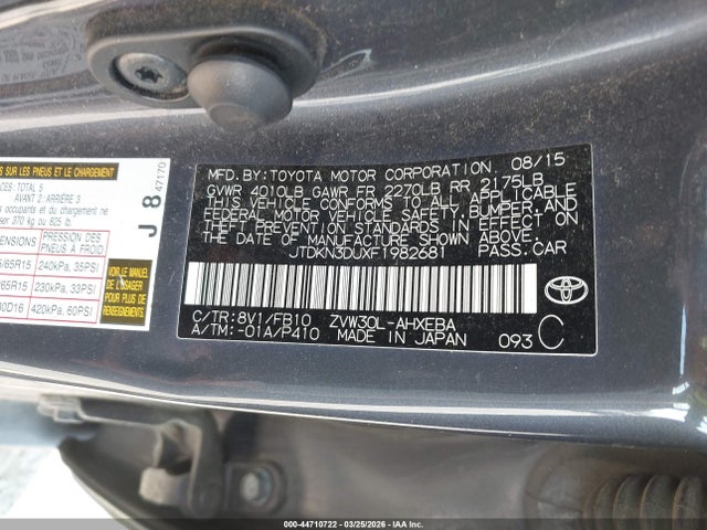 Aukcja sprzedaży 2015 Toyota Prius Two, vin: JTDKN3DUXF1982681, numer aukcji: 44710722