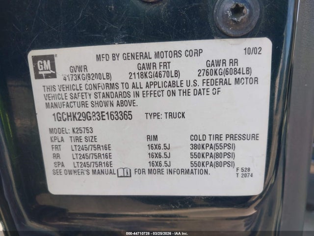 2003 Chevrolet Silverado 2500hd Ls მანქანა იყიდება აუქციონზე, vin: 1GCHK29G83E163365, აუქციონის ნომერი: 44710728