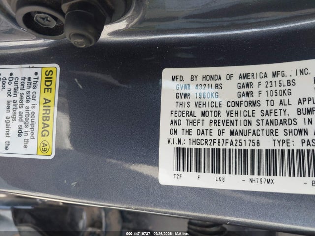 44710737 :رقم المزاد ، 1HGCR2F87FA251758 vin ، 2015 Honda Accord Ex-l مزاد بيع