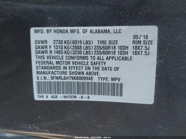 5FNRL6H79KB009948 Honda Odyssey Ex-l