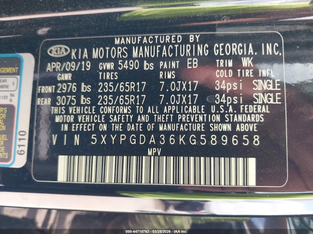 Продажа на аукционе авто 2019 Kia Sorento 2.4l Lx, vin: 5XYPGDA36KG589658, номер лота: 44710762