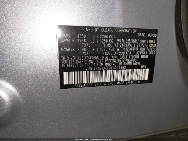 44710767 :رقم المزاد ، 4S4BTACCXL3211362 vin ، 2020 Subaru Outback Premium مزاد بيع