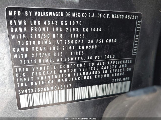 3VVTX7B26NM076277 Volkswagen Taos 1.5t Se